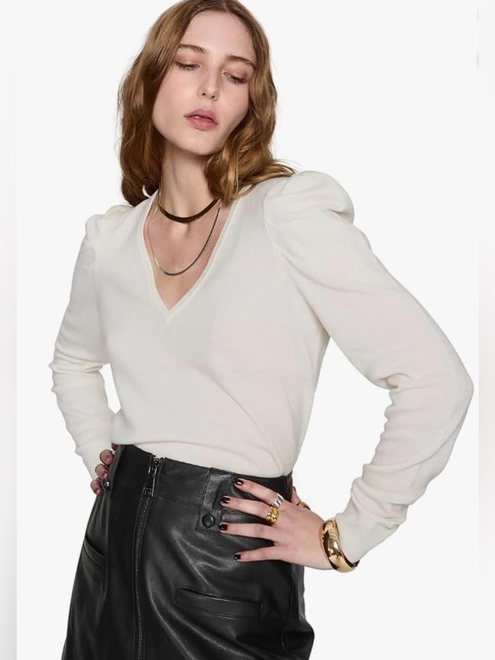 Rebecca Minkoff Cream V-Neck Puff Sleeve Wool Sweater